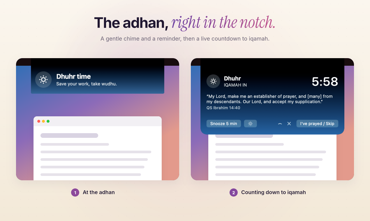 The notch at the adhan, then the same notch counting down to iqamah with an ayah.