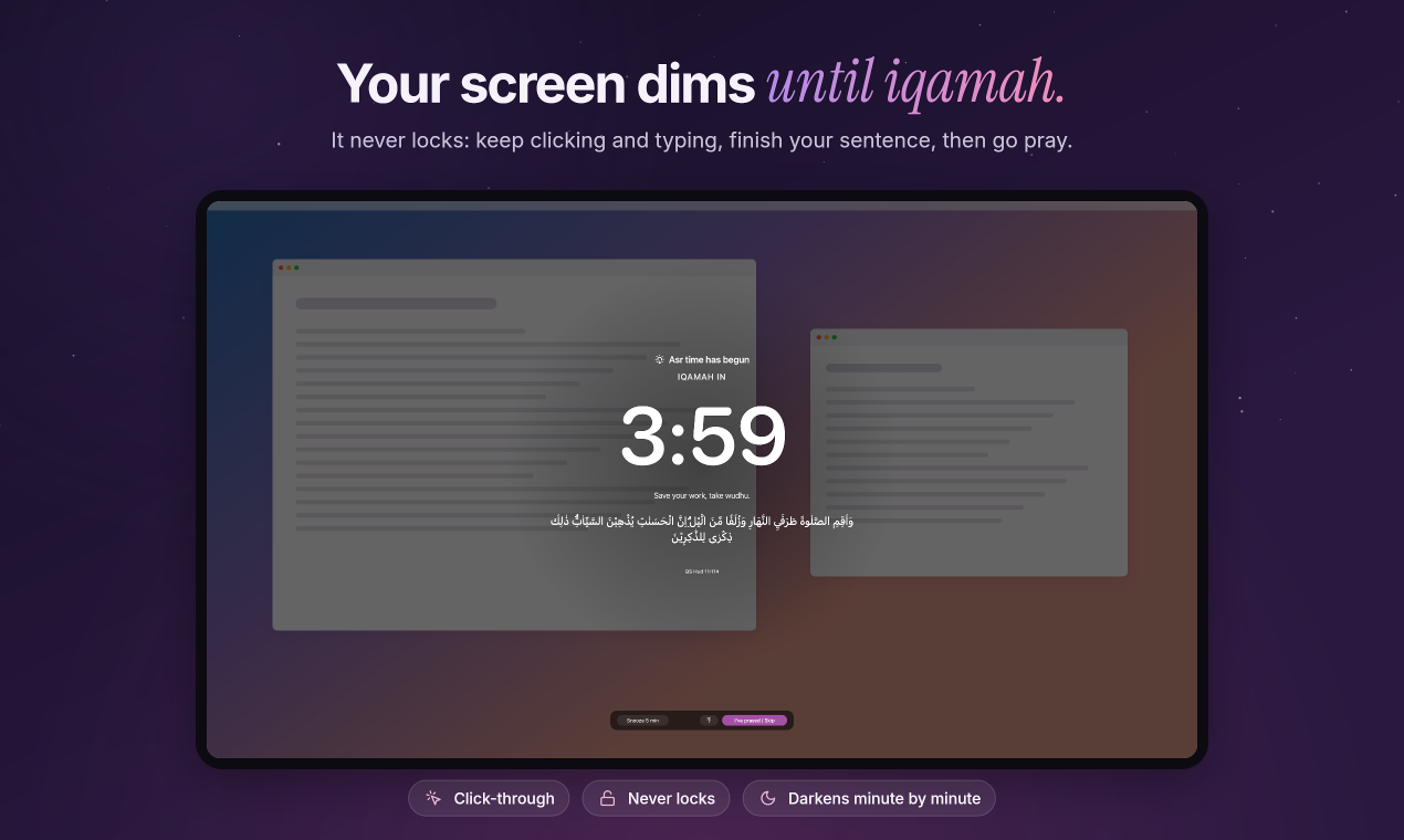 A dimmed, blurred Mac screen with a 3:59 countdown to iqamah in the middle.