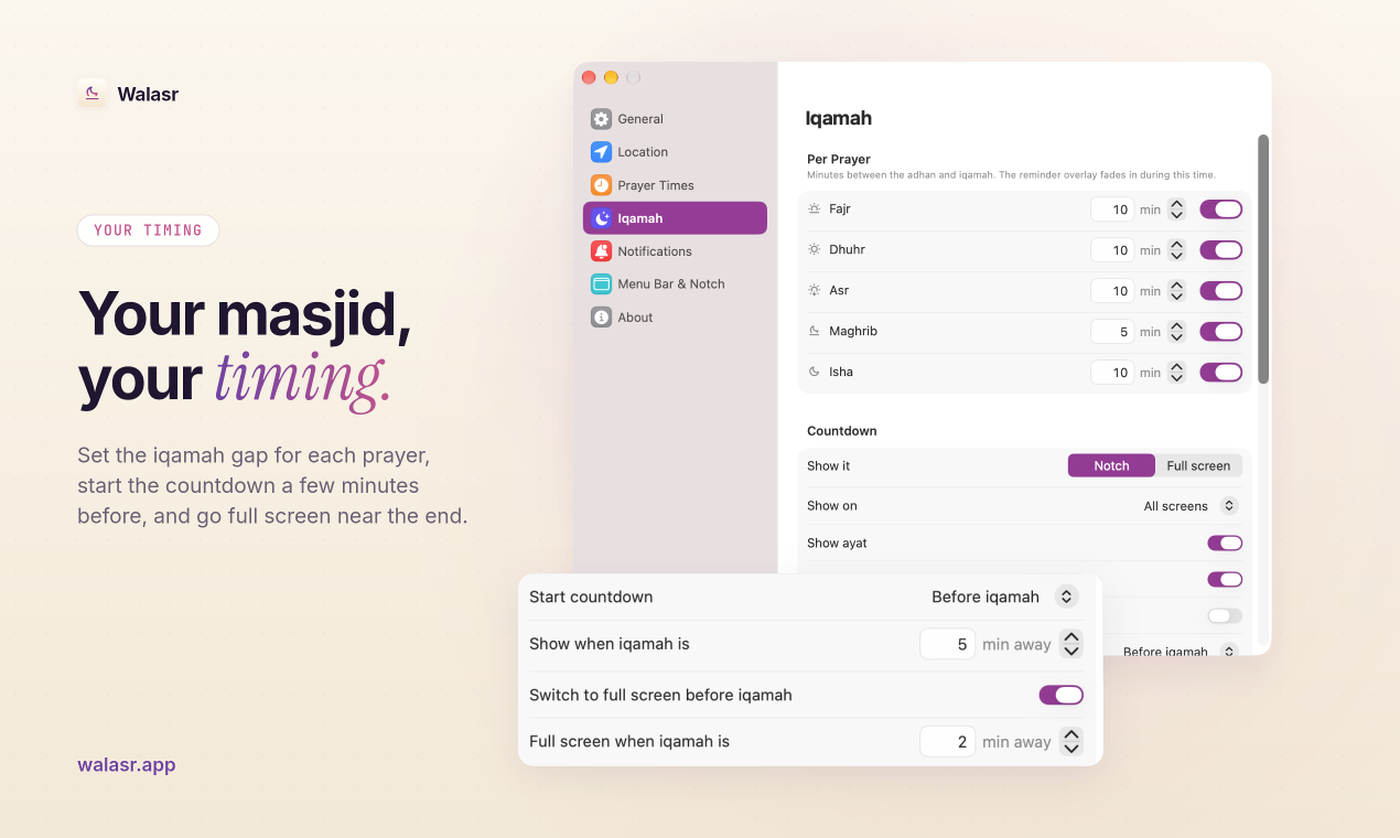Iqamah settings: minutes per prayer and when the countdown starts and goes full screen.
