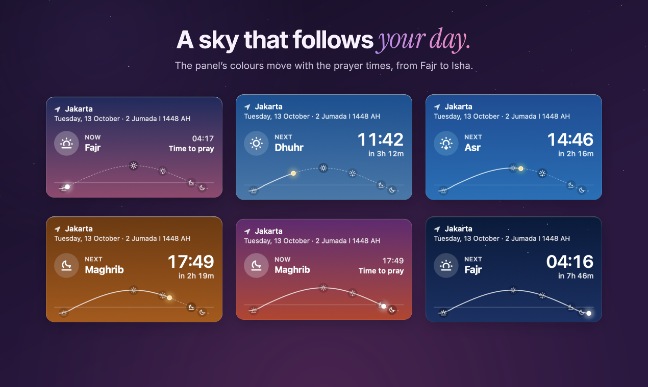 Six panel states whose colours follow the sky, from Fajr to Isha.