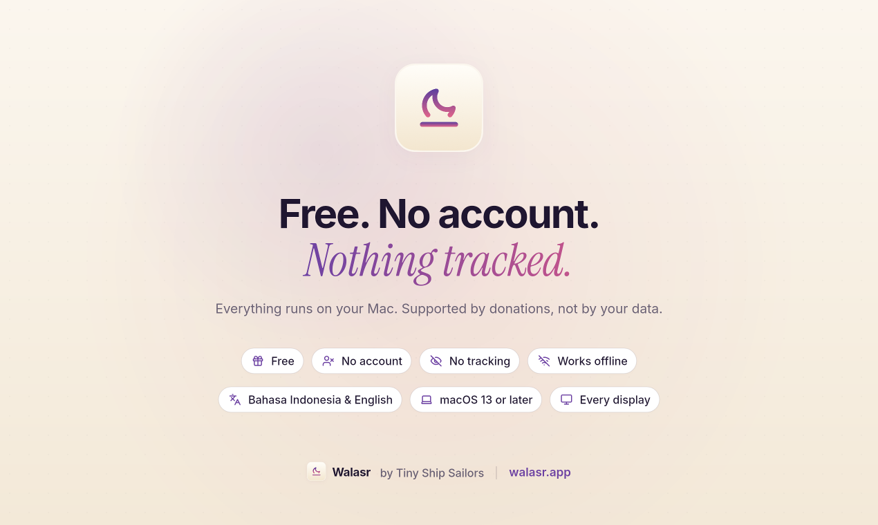 The Walasr icon above the words: Free. No account. Nothing tracked.