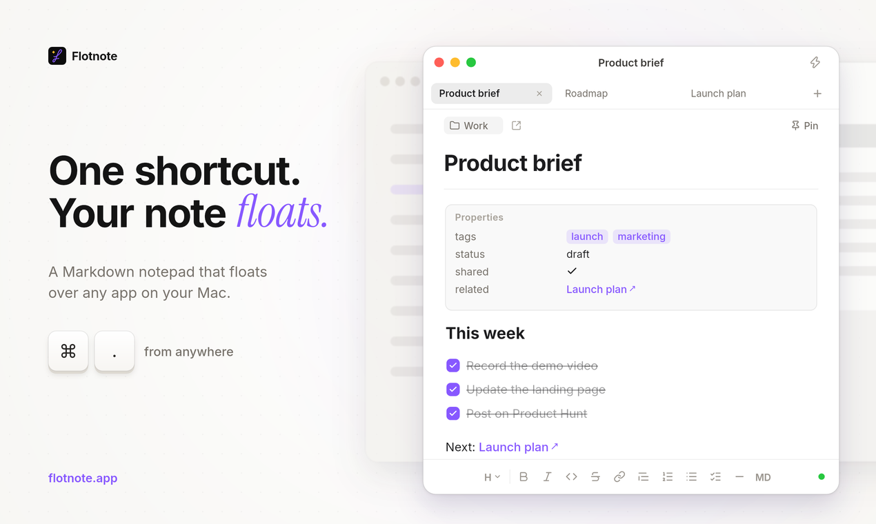 Flotnote floating over the desktop: a Product brief note with properties, a checklist and a wiki-link.