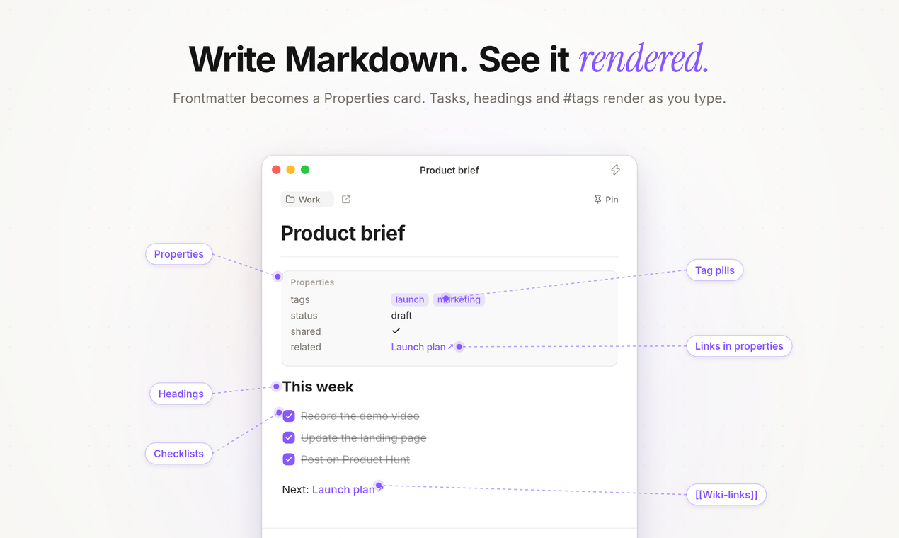 Markdown rendered as you type: frontmatter as a Properties card, tag pills, headings, checklists and wiki-links.