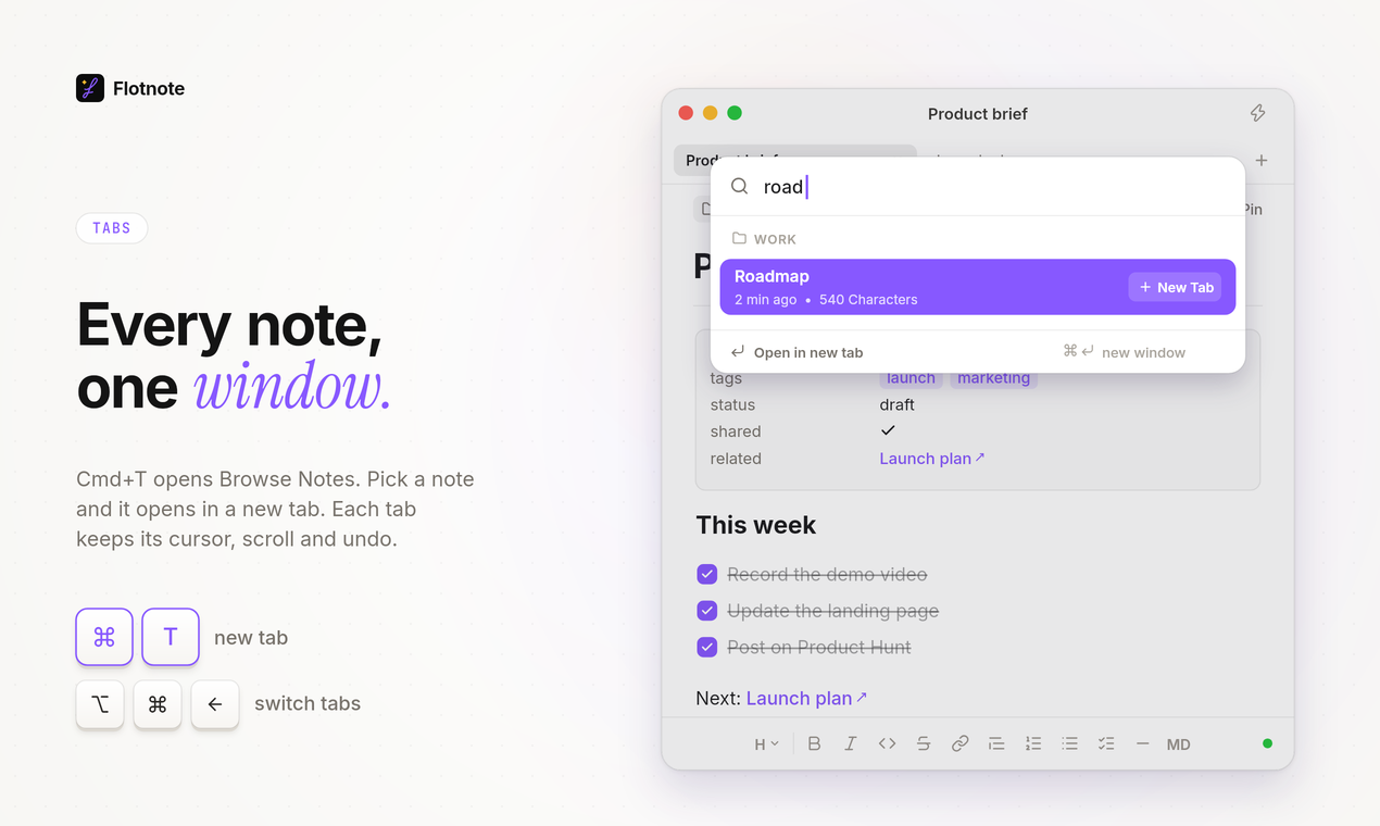 Browse Notes searching for "road", with an option to open the Roadmap note in a new tab.