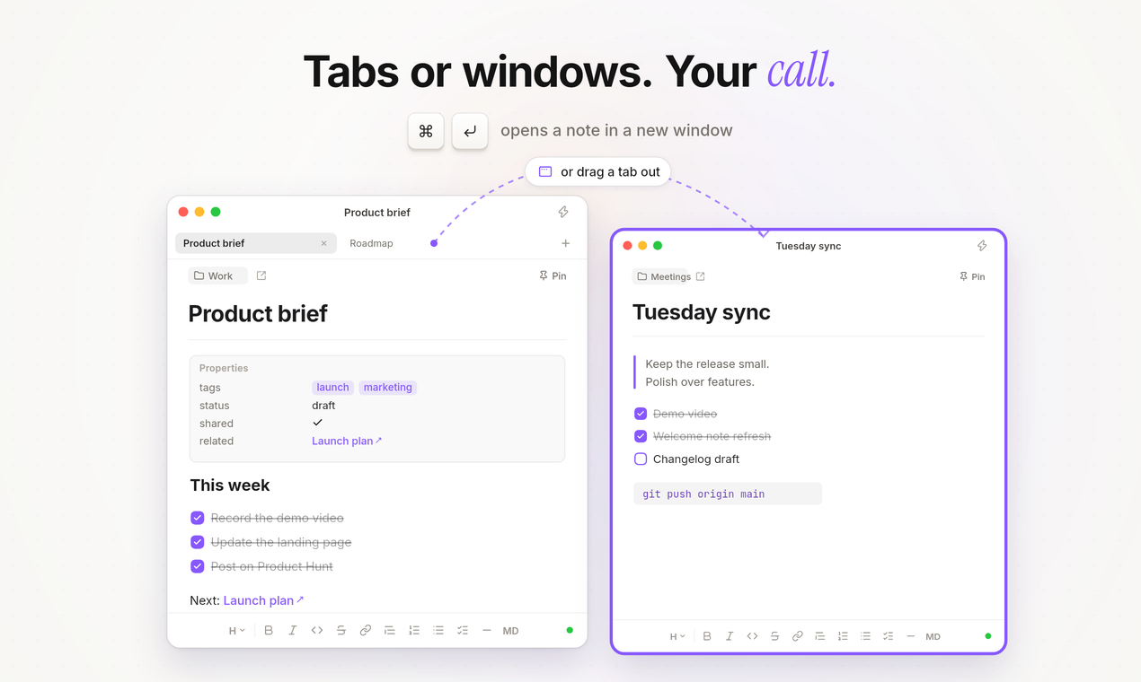 Two Flotnote windows side by side: a note can open in a tab or its own window.