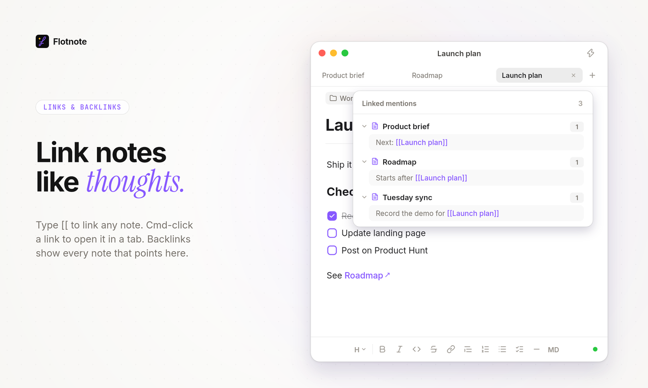 Linked mentions listing every note that links to Launch plan.
