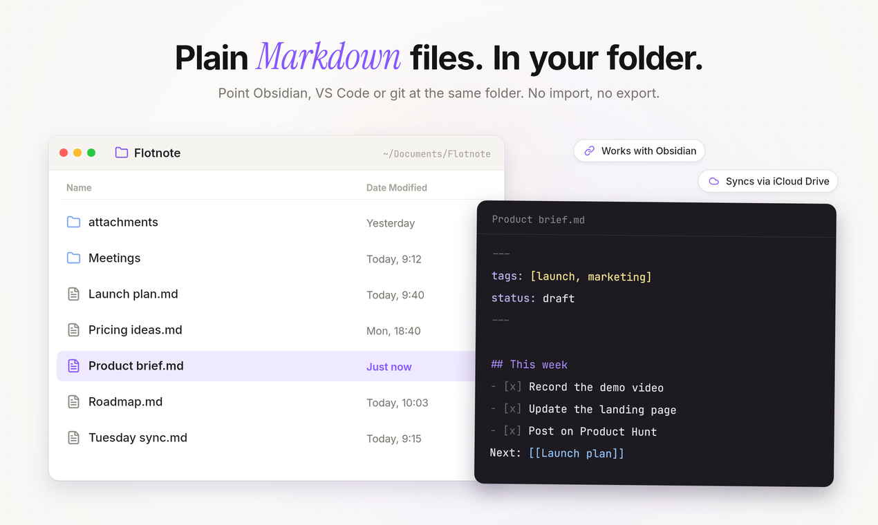 A Finder folder of .md notes next to the raw Markdown of one of them.