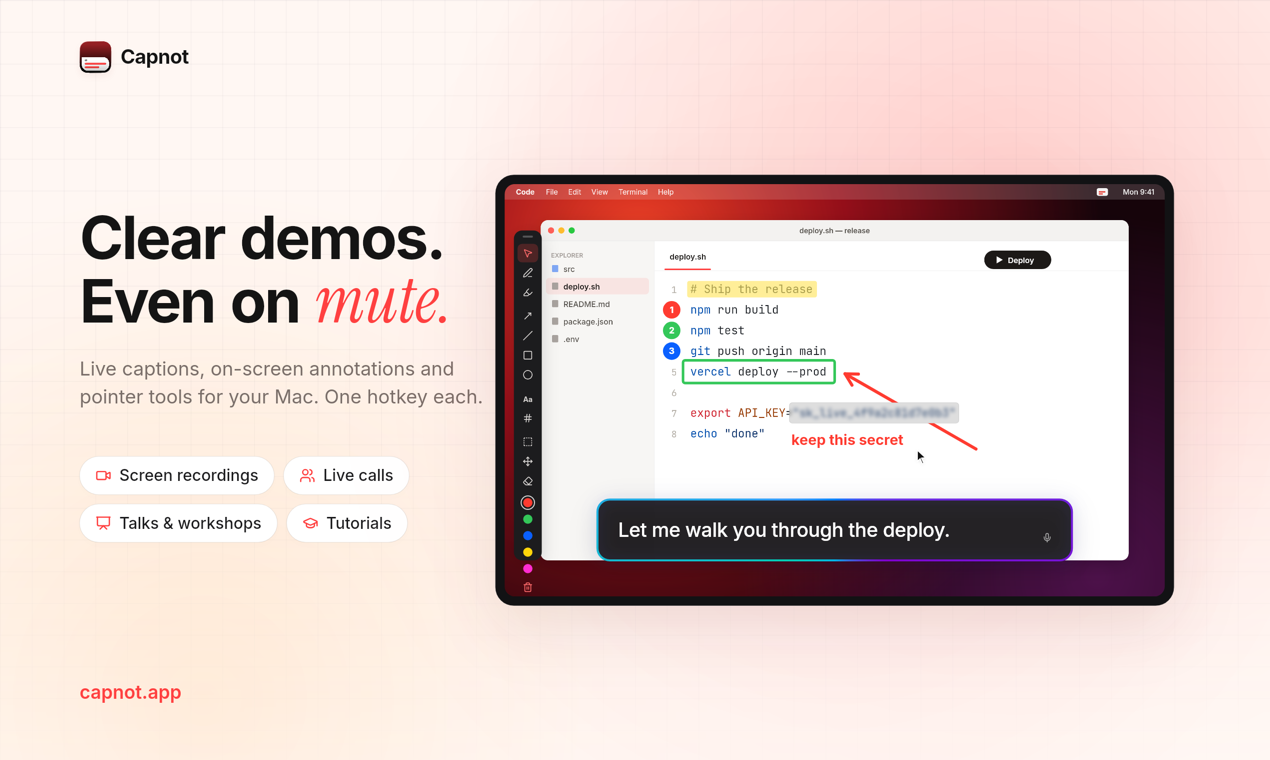 Capnot on a Mac: a numbered, annotated code editor with a subtitle reading "Let me walk you through the deploy."
