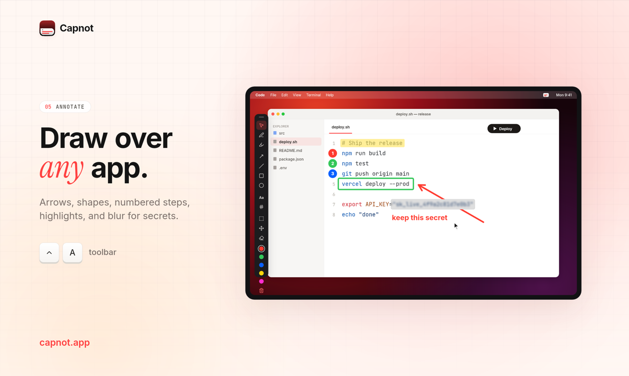 Arrows, numbered steps, a highlight and a blurred secret drawn over a code editor.